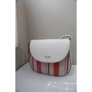 $379 Kate Spade Leila flap Shoulder bag medium handbag White multi Striped Canva